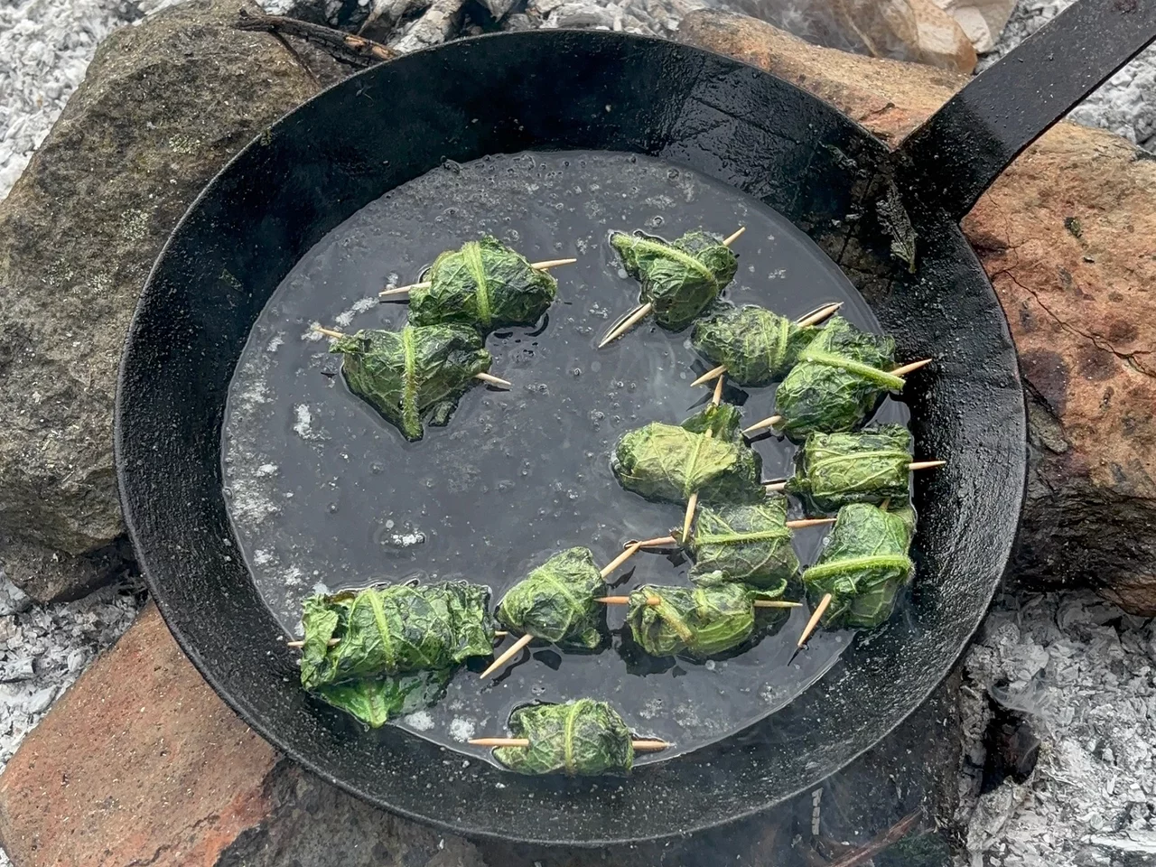Wildkräuterküche auf offenem Feuer. Hier werden auf offenen Feuer Beinwellblätter mit Feta in Öl gebraten.